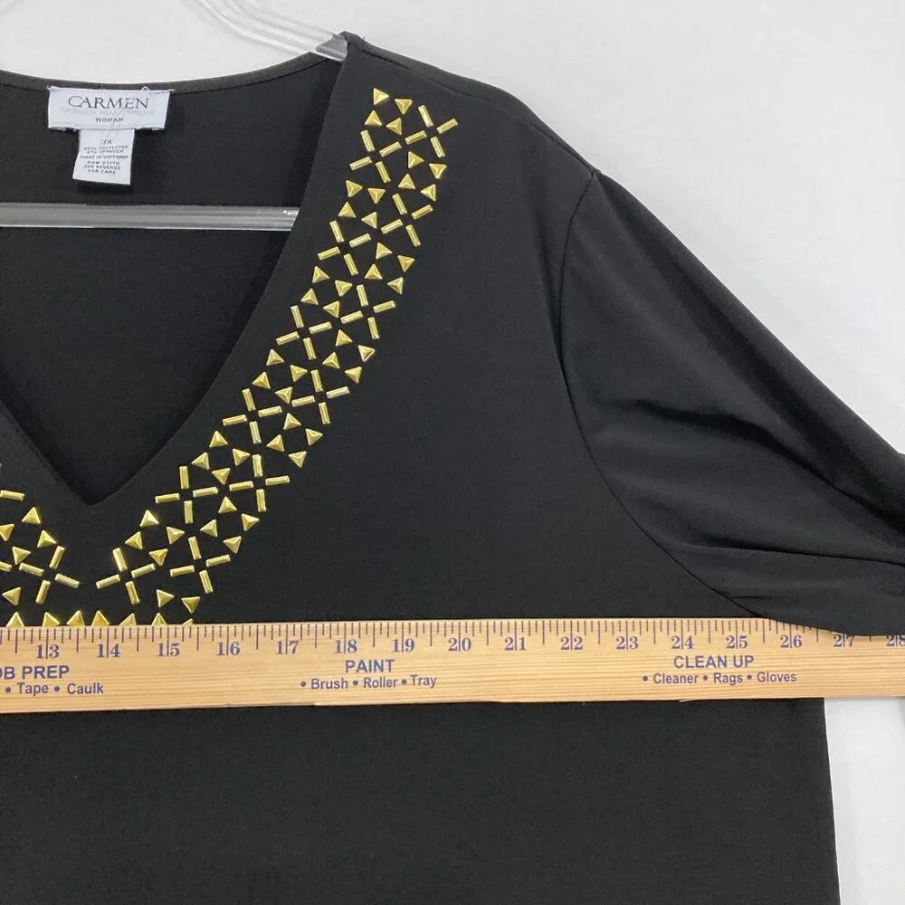 Carmen Marc Valvo size 3X Black‎ Golden Studded V Neck Stretch Knit Blouse - Picture 6 of 8